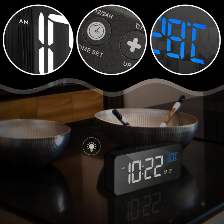 BUDZIK ELEKTRONICZNY ZEGAR LED CYFROWY STOJĄCY TERMOMETR ALARM DATA + USB