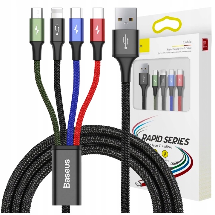 BASEUS SZYBKI KABEL 4W1 USB Lightning/2x USB C/micro USB MOCNY PRZEWÓD 1.2m