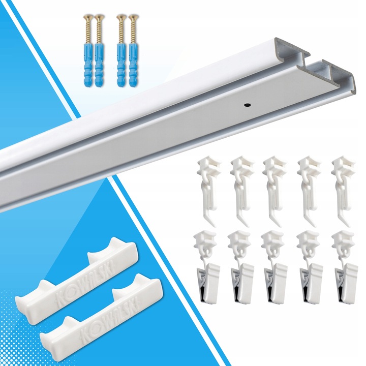 Karnisz Szyna Sufitowa Aluminiowa Podwójna Biała Żabki Agrafki 200 cm