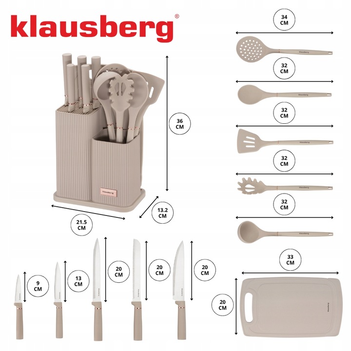 Komplet 5 Noży + Zestaw 5 przyborów kuchennych + deska do krojenia + Stojak