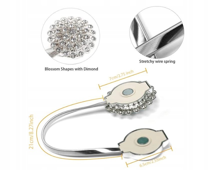 Spinka klamra z kryształkami na magnes do firan,zasłon x2