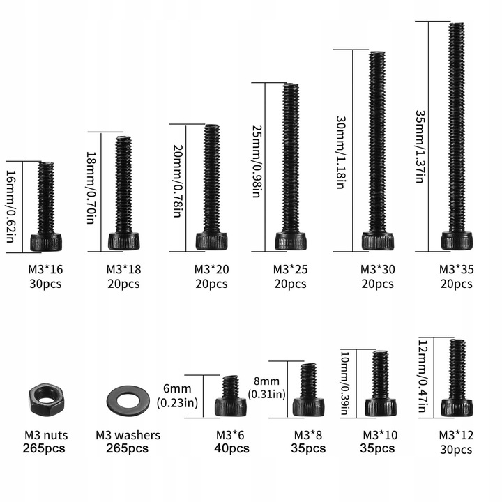 ZESTAW ŚRUB SZEŚCIOKĄTNYCH NAKŁADEK PODKŁADEK M3 ZE STALI STOPOWEJ 801szt
