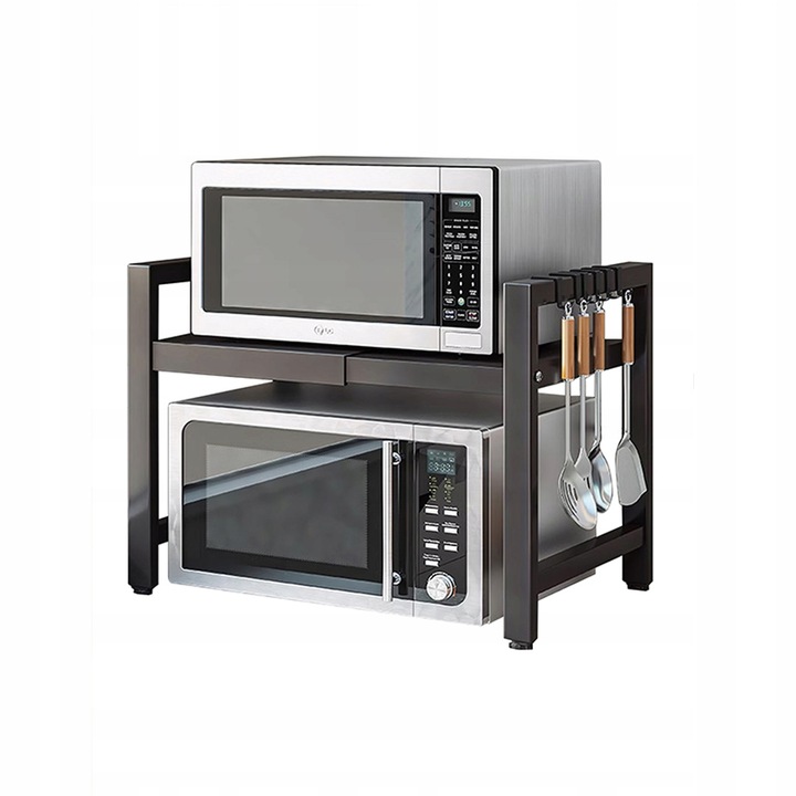 Półka Stojak Nad Mikrofalówkę Z 6 Hakami Organizer Kuchenny Czarny