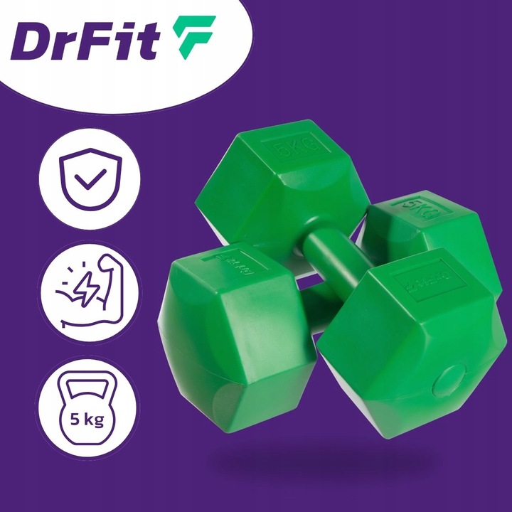 DrFit Hantle ciężarki do ćwiczeń fitness sześciokątne zestaw 2x 5kg zielone