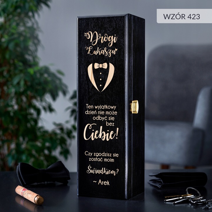 PROŚBA O ŚWIADKOWANIE SKRZYNKA NA WINO Z GRAWEREM PREZENT DLA ŚWIADKA IMIĘ