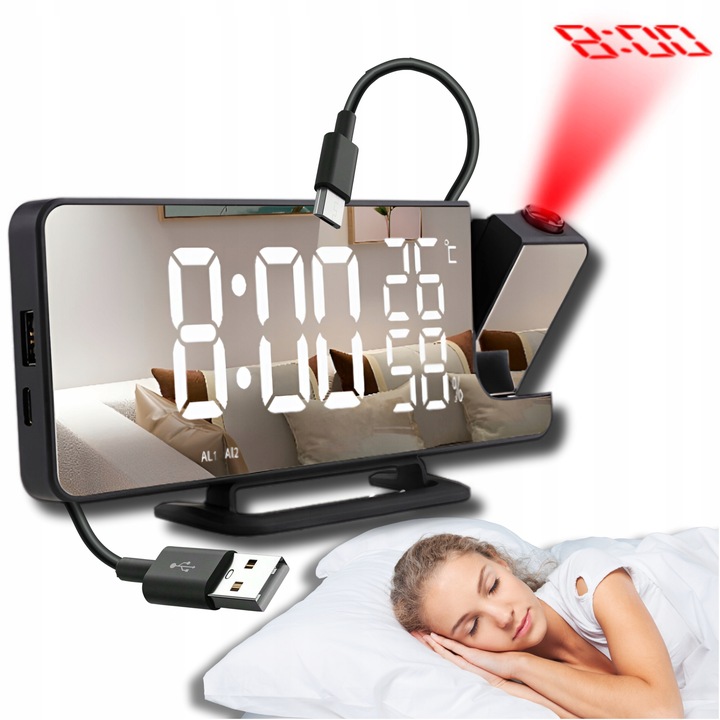 BUDZIK ZEGAR ELEKTRONICZNY GŁOŚNY Z PROJEKTOREM LED STOJĄCY CYFROWY DATA