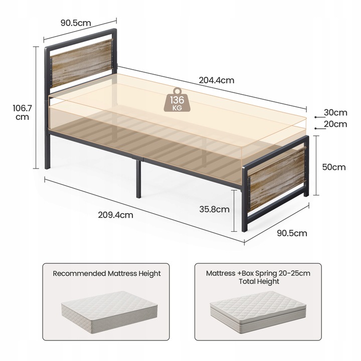 Bealife BF34 Łóżko 90x200 Metalowe Ciche Dla Młodzieży Szary
