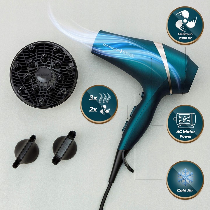 SUSZARKA DO WŁOSÓW REMINGTON Z DYFUZOREM JONIZACJA SENSOR Silnik AC-130km/h