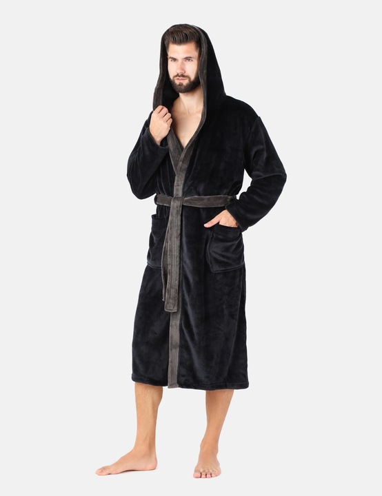 Szlafrok męski z kapturem ciepły miękki 2 kieszenie LA-221 Czarny XXL