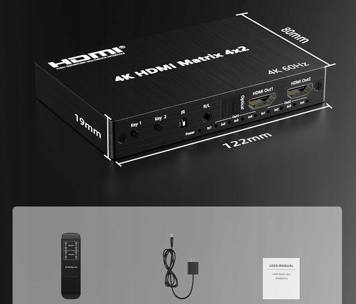 Matrix HDMI Switch Splitter 4x2 4K HDCP Rozdzielacz Toslink Jack + Pilot IR