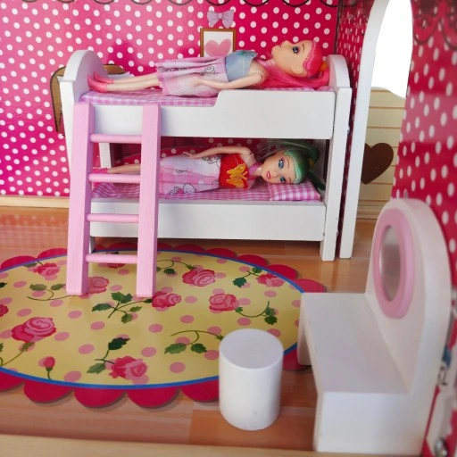 DUŻY DREWNIANY DOMEK DLA LALEK MEBLE + LALKI + LED