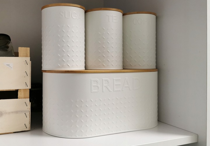 ZESTAW 5W1 CHLEBAK + POJEMNIKI NA KAWĘ CUKIER HERBATĘ DESKA KROJENIA CHZ03