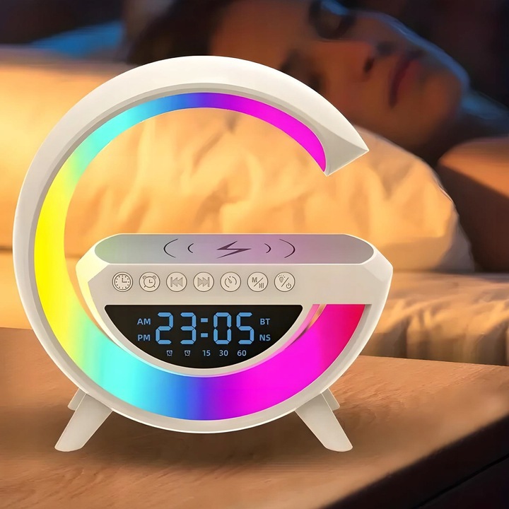 Lampka nocna biurkowa 6w1 | Zegar | Budzik | Radio | Ładowarka | Głośnik