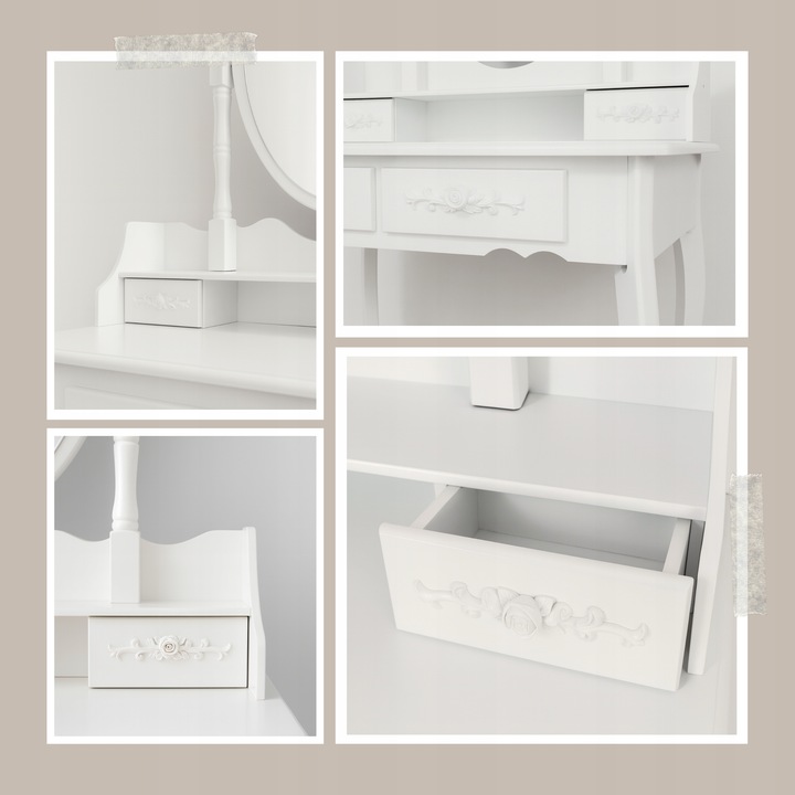 TOALETKA KOSMETYCZNA Z LUSTREM OBROTOWYM I TABORETEM DREWNIANA BIAŁA