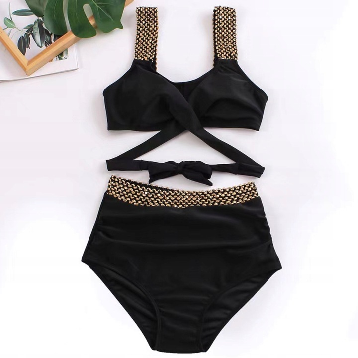 STRÓJ KĄPIELOWY DWUCZĘŚCIOWY SEXY BIKINI CZARNE WIĄZANIE WYSOKI STAN L 40