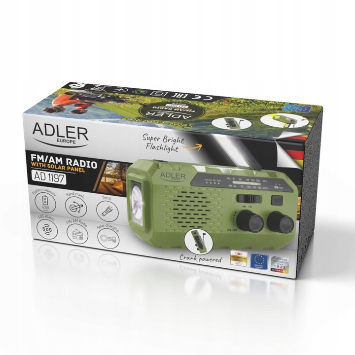 Radio przenośne solarne korbka dynamo latarka USB SOS alarm ADLER