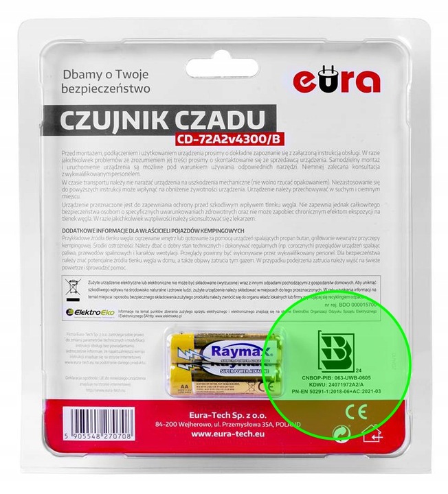 Markowy czujnik tlenku węgla EURA certyfikowany w CNBOP, rok produkcji