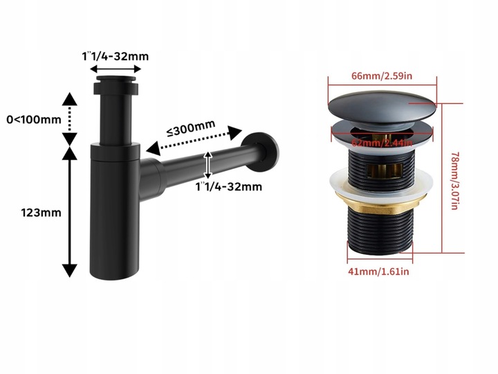 ZESTAW: SYFON UMYWALKOWY DO UMYWALKI + KOREK KLIK-KLAK Z PRZELEWEM CZARNY