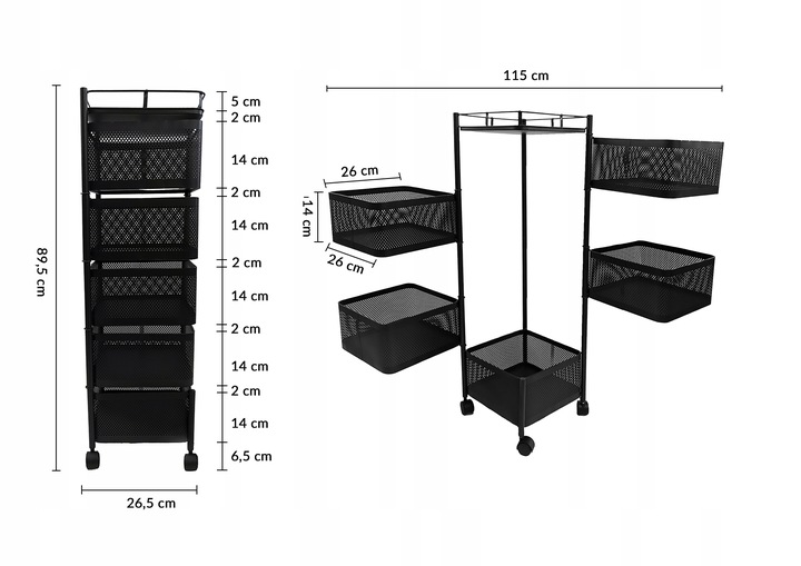 REGAŁ KUCHENNY MOBILNY STOLIK NA KÓŁKACH WÓZEK 6-POZIOMOWY 5 KOSZY