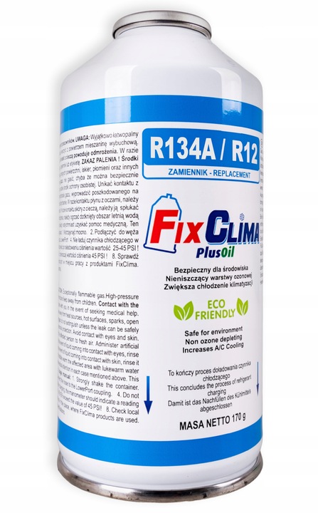 GAZ DO NAPEŁNIANIA KLIMATYZACJI AUT R134A CZYNNIK CHŁODNICZY KLIMY FIXCLIMA