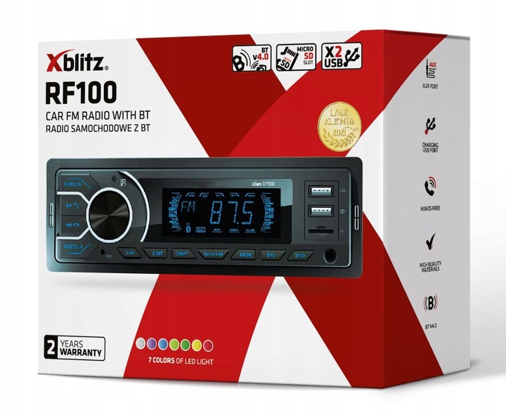 Xblitz RF100 Radio samochodowe Bluetooth USB x2 Micro SD MultiColor