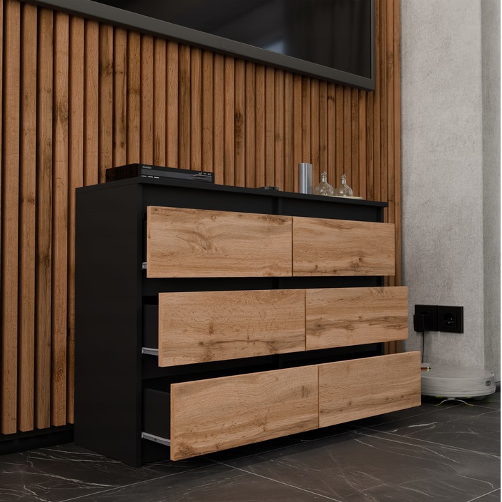 KOMODA Z 6 SZUFLADAMI 100 CM CZARNA DĄB WOTAN POJEMNA SZAFKA RTV LOFT