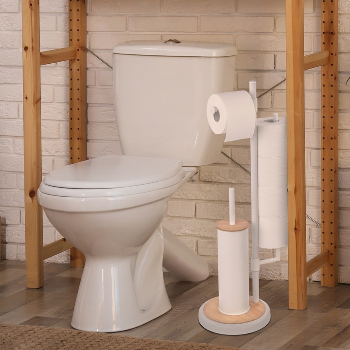 Stojak z uchwytem na papier toaletowy i szczotka do WC toalety biała bambus