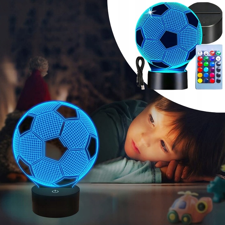 LAMPKA NOCNA DO SYPIALNI DLA DZIECI LED 3D RÓŻNE KOLORY PIŁKA NOŻNA + PILOT