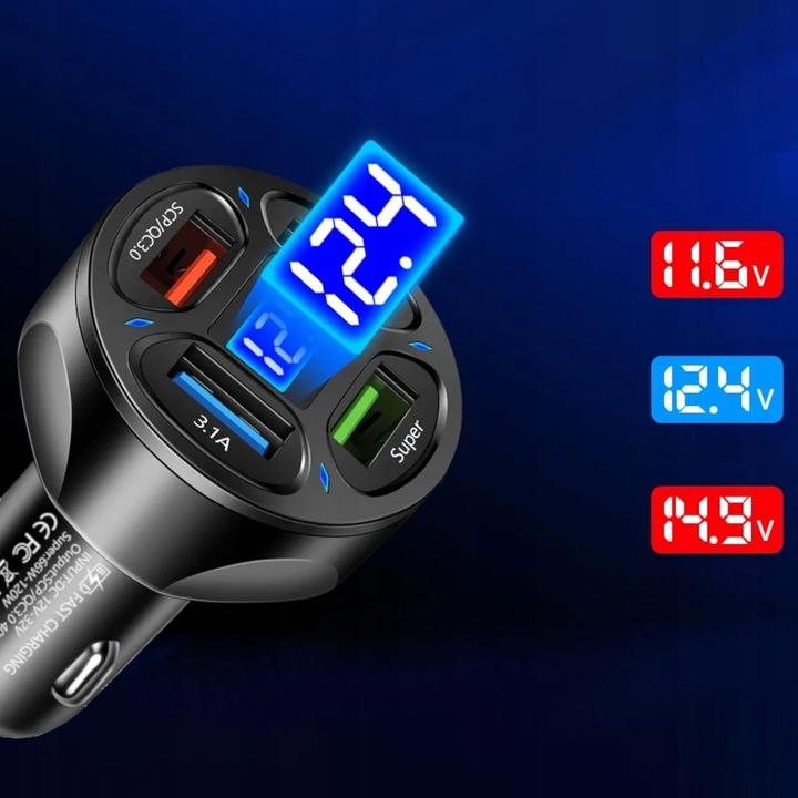 MOCNA SZYBKA ŁADOWARKA SAMOCHODOWA 4x USB PD QC 3.0 66W DO TELEFONU DO AUTA