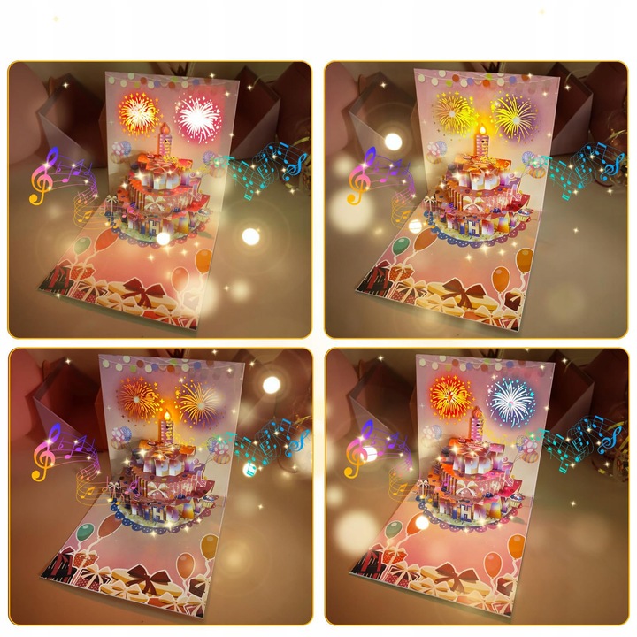 Kartka URODZINOWA GRAJĄCA Melodia ŚWIATŁO TORT LED ZDMUCHNIJ ŚWIECZKĘ Magia