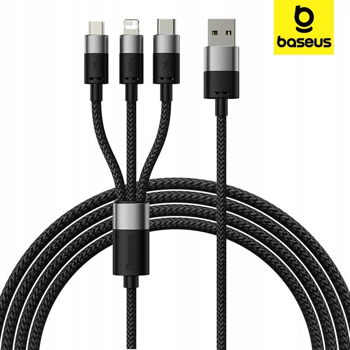 BASEUS UNIWERSALNY WYTRZYMAŁY KABEL USB 3W1 USB-C MICRO LIGHTNING 3.5A 1,2M