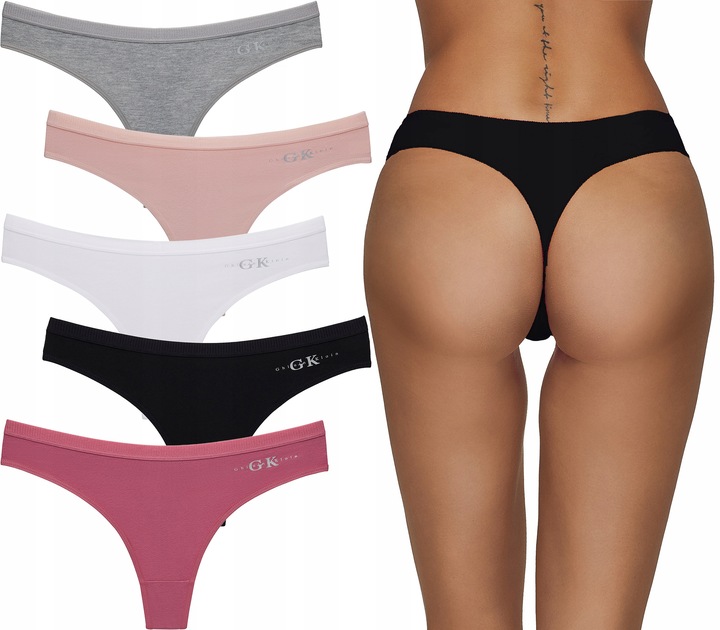 Majtki stringi damskie bawełniane GK zestaw gładkie z napisem