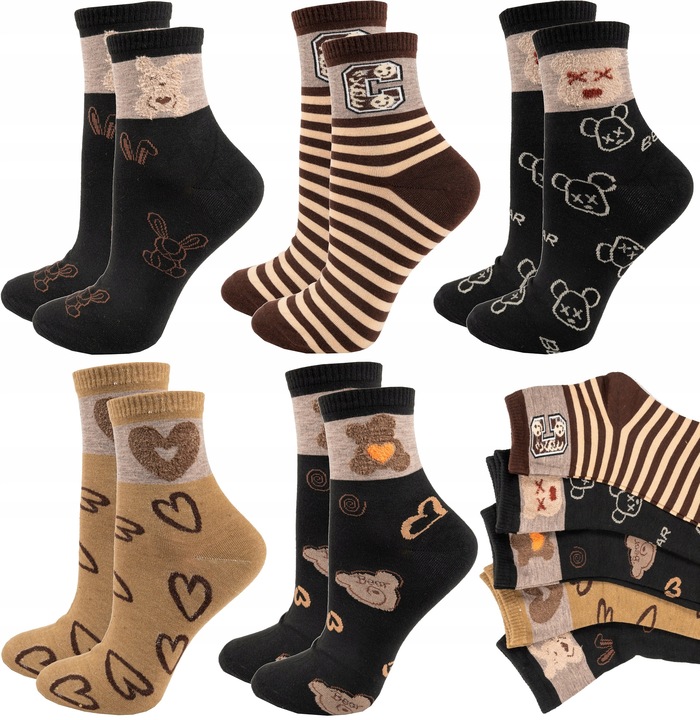 5x Skarpetki Damskie Skarpety Bawełniane Kolorowe Śmieszne Wzory 39-42