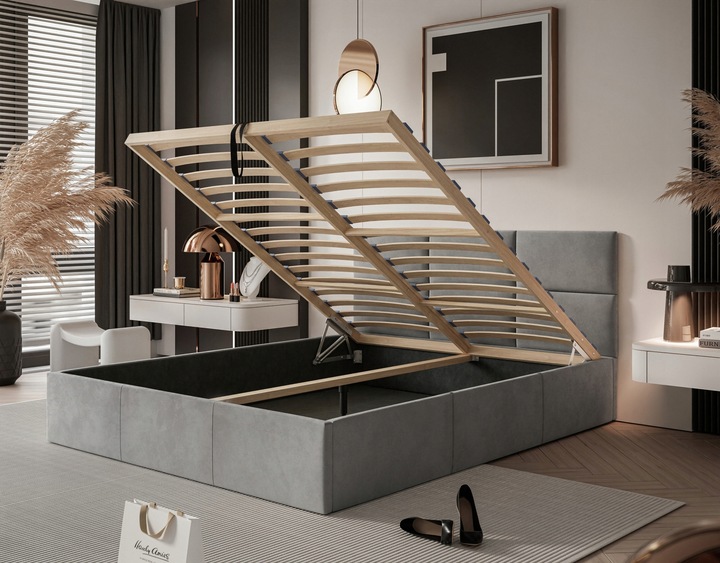 ŁOŻKO TAPICEROWANE PORTO Z PODNOSZONYM STELAŻEM POJEMNIKIEM POŚCIEL 180x200