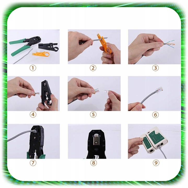 TESTER KABLI SIECIOWYCH RJ45 Przewodów Zaciskarka ZESTAW Sieci LAN ŚCIĄGACZ