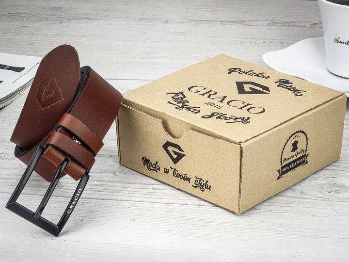 GRACIO meski skorzany PASEK brazowy KLAMRA czarna