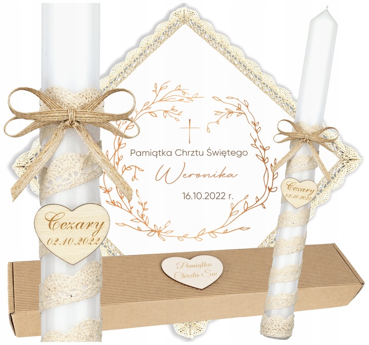 Szatka i świeca do chrztu BOHO Chrzest pudełko grawer serce EKO Topaz WL