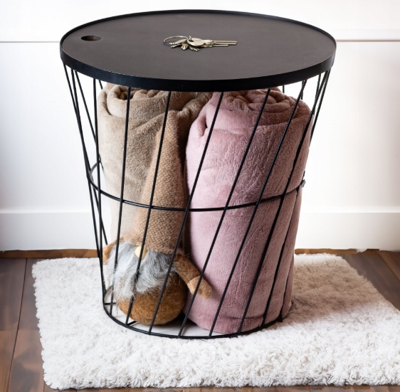 STOLIK KAWOWY METALOWY KOSZ DRUCIANY Z POKRYWĄ OKRĄGŁY CZARNY OZDOBNY