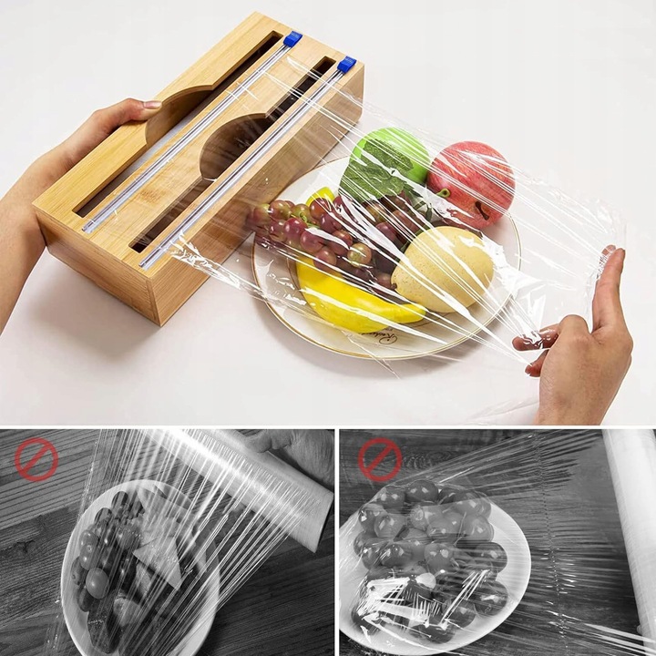 DOZOWNIK BAMBUSOWY DO FOLII SPOŻYWCZEJ Z OBCINACZEM KUCHENNY DWUKOMOROWY