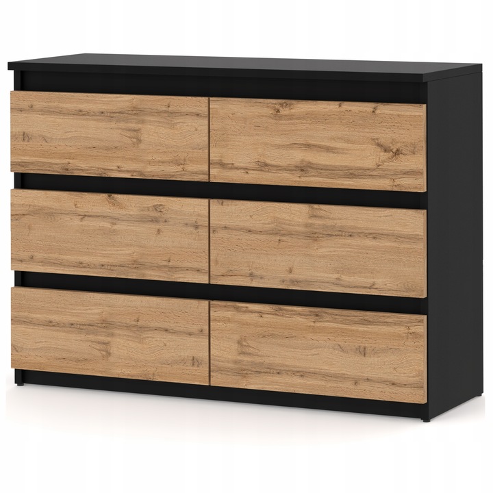 KOMODA Z 6 SZUFLADAMI 100 CM CZARNA DĄB WOTAN POJEMNA SZAFKA RTV LOFT
