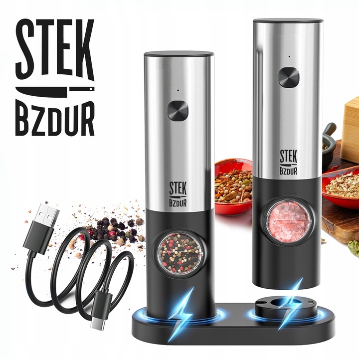 2x Elektryczny Młynek do Mielenia Pieprzu i Soli AKUMULATOR USB