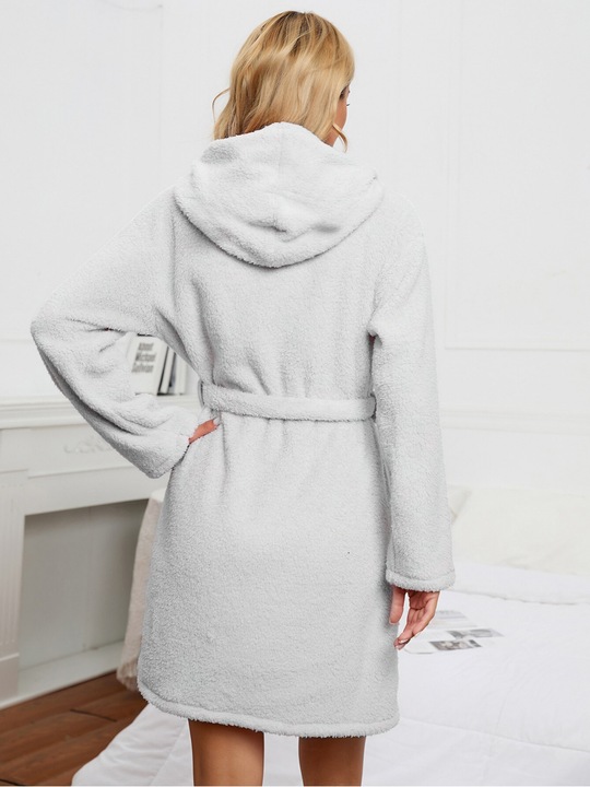 Szlafrok Damski Ciepły Miękki Gruby z Kapturem Szary Wiązany W Talii Zimowy