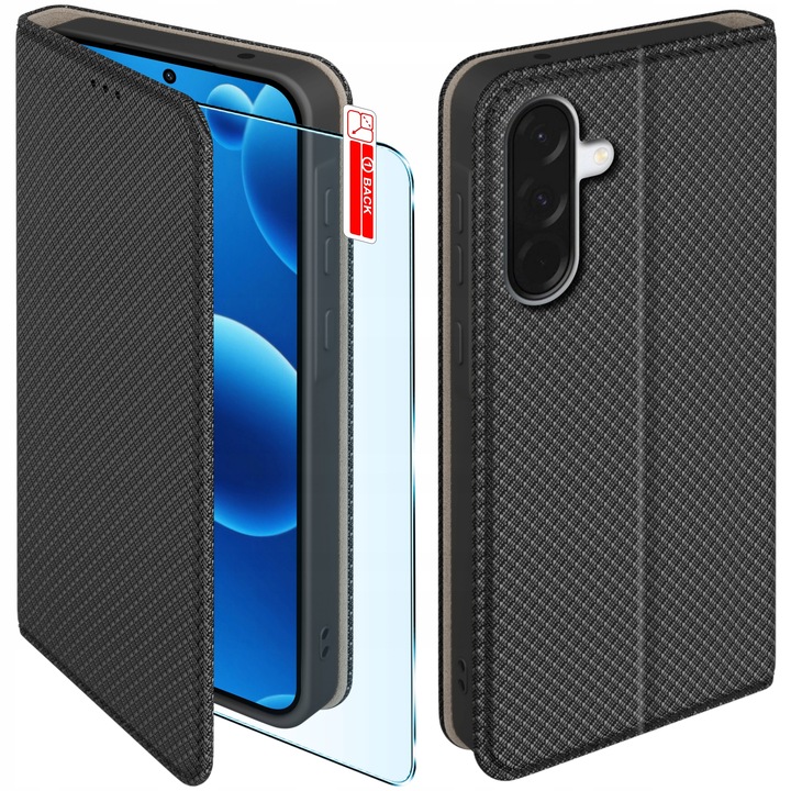 Etui z klapką do Samsung A56 5G Zamykane Czarne Futerał + Szkło 9H