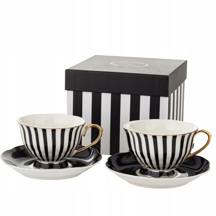Komplet filiżanek porcelanowych 220 ml 2szt. biało-czarne złote zestaw
