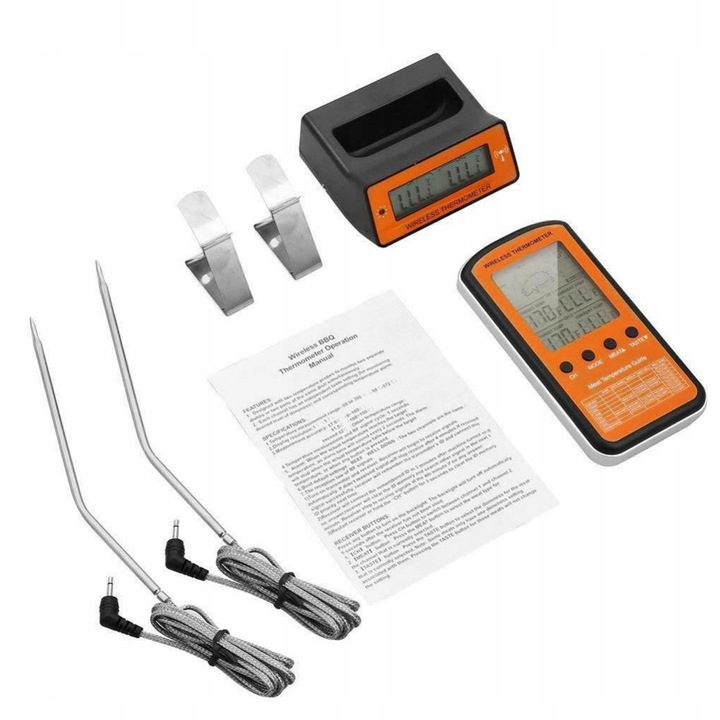 BEZPRZEWODOWY TERMOMETR DO GRILLA WĘDZARNI 2 SONDY CZYTELNY WYŚWIETLACZ LCD