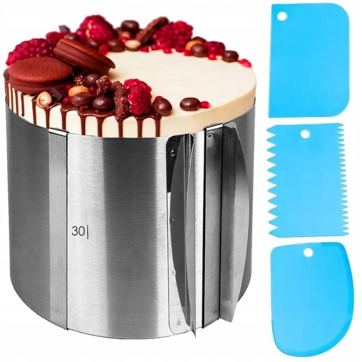 Rant Do Tortu Regulowany Śr 16-30CM Tortownica Wysoki 15 cm + 3 Łopatki OLK