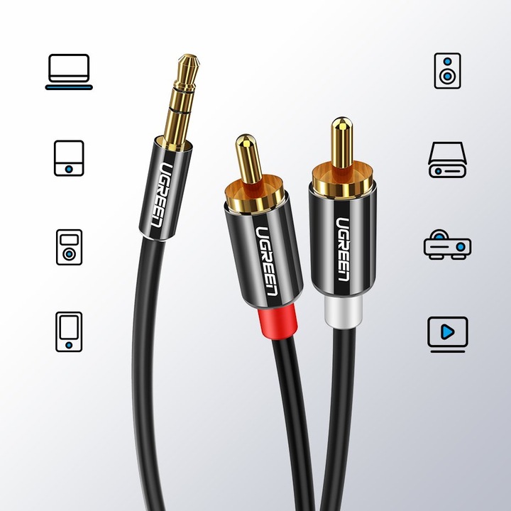 KABEL AUDIO UGREEN MINI JACK 3,5 mm DO 2RCA CINCH MOCNY PRZEWÓD 3M