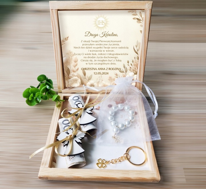 Pamiątka Komunii Świętej PREZENT Na Komunię Różaniec Brelok Pudełko