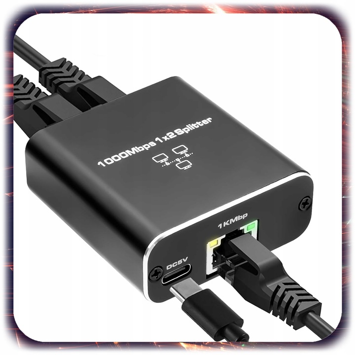 SPLITTER LAN 1x2 SWITCH ROZDZIELACZ ADAPTER 2xRJ45 ETHERNET 1000Mbps 1GB