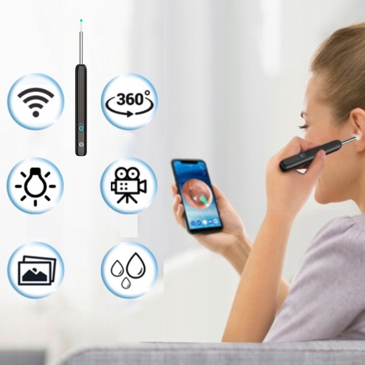 SMART OTOSKOP KAMERA CZYSZCZENIE USZU WOSK WIFI HD APLIKACJA ENDOSKOP